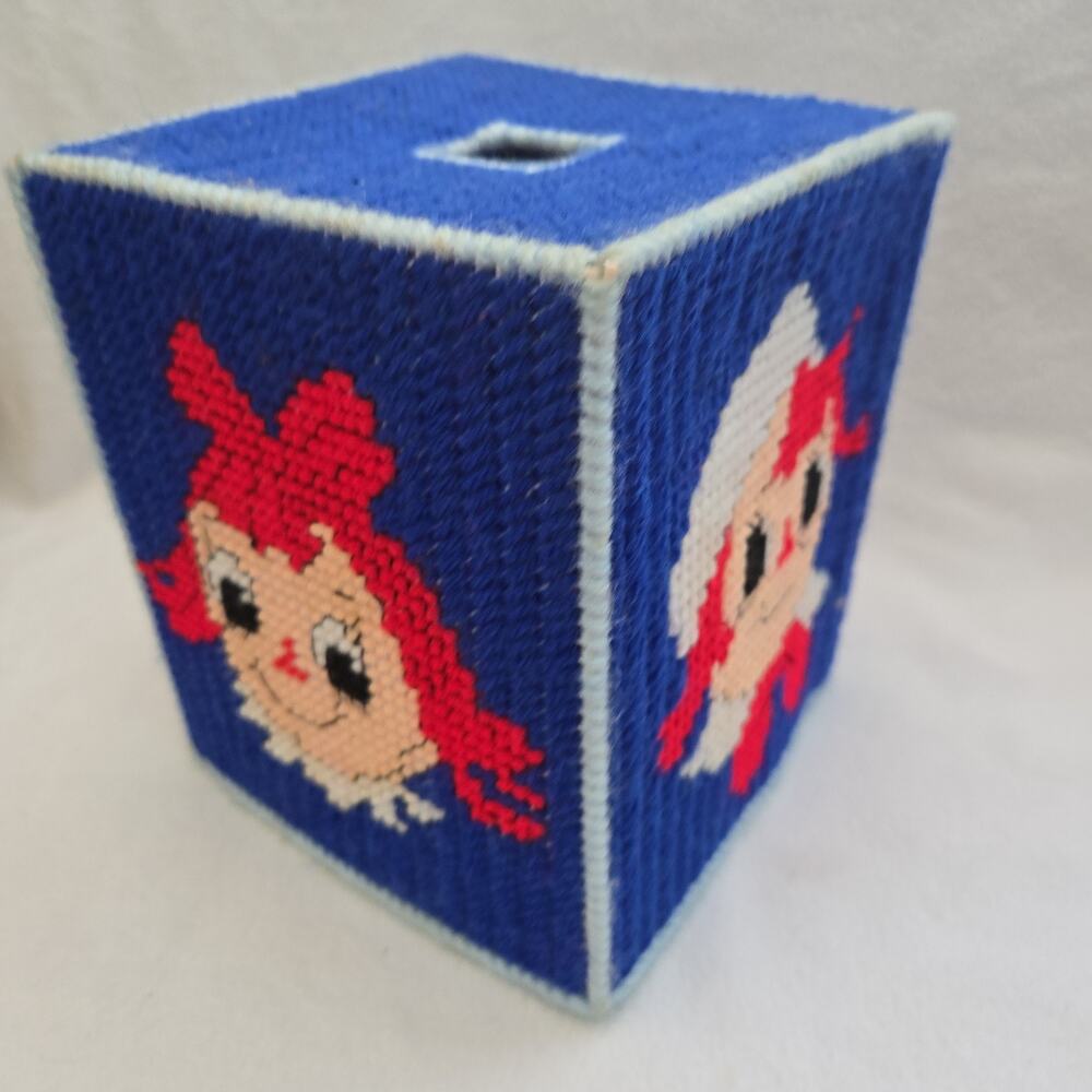 Raggedy ann and andy homemade needlepoint tissue box